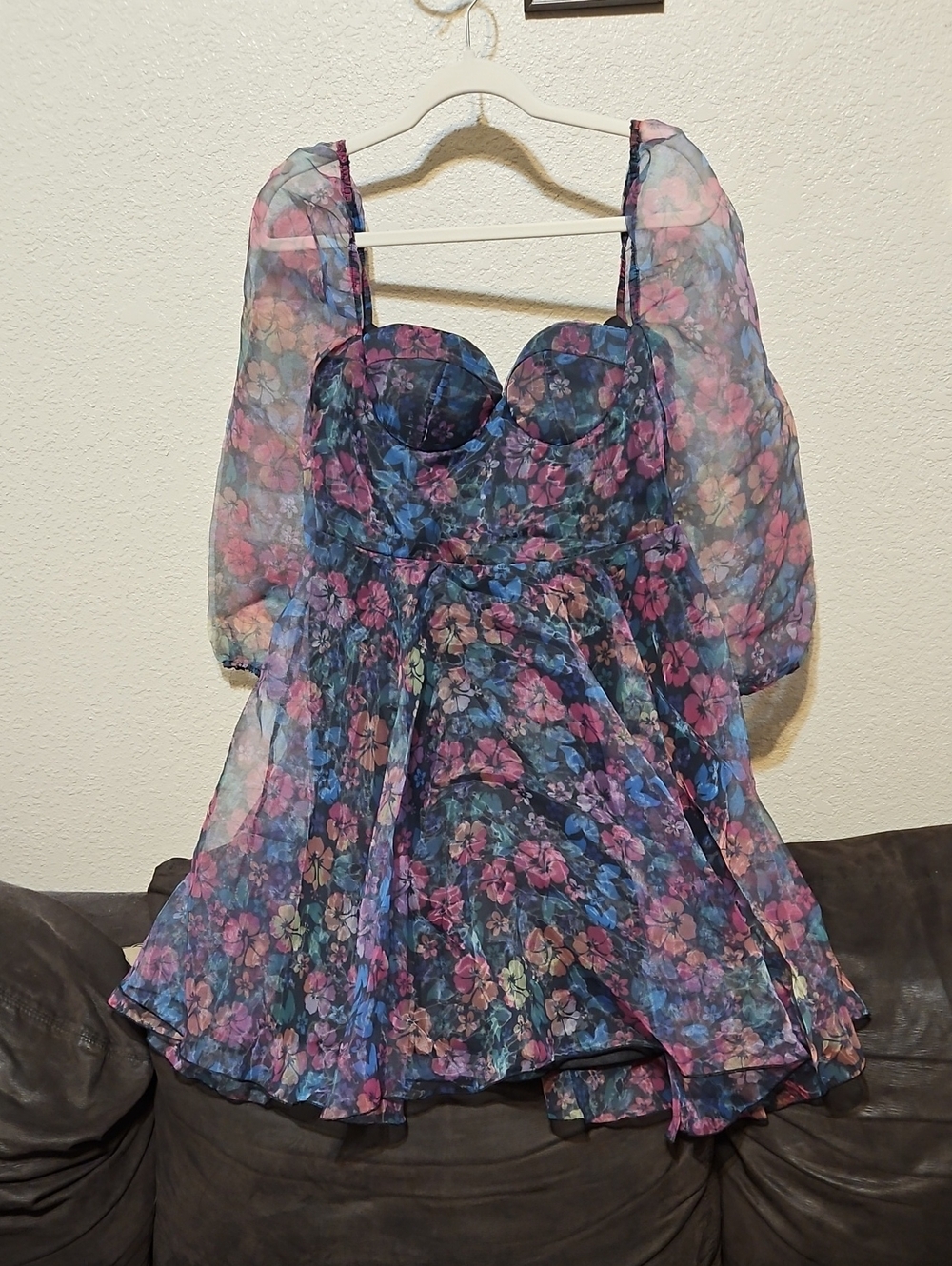 Sheer Floral Puff-Sleeve Mini Dress in Blue & Pink